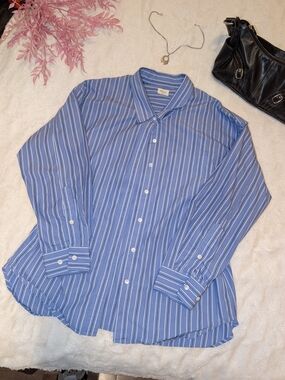 Wilfred Blue and White Oversized Striped Dress Shirt